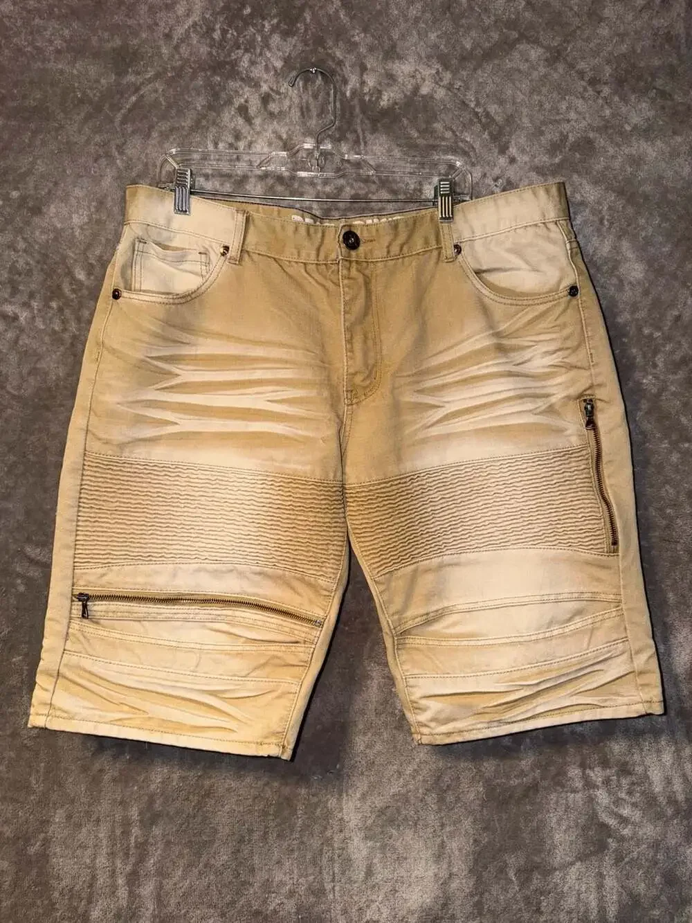 Beat & Rhythm Biker Denim Shorts Khaki with Pleated Panels and Zipper Accents